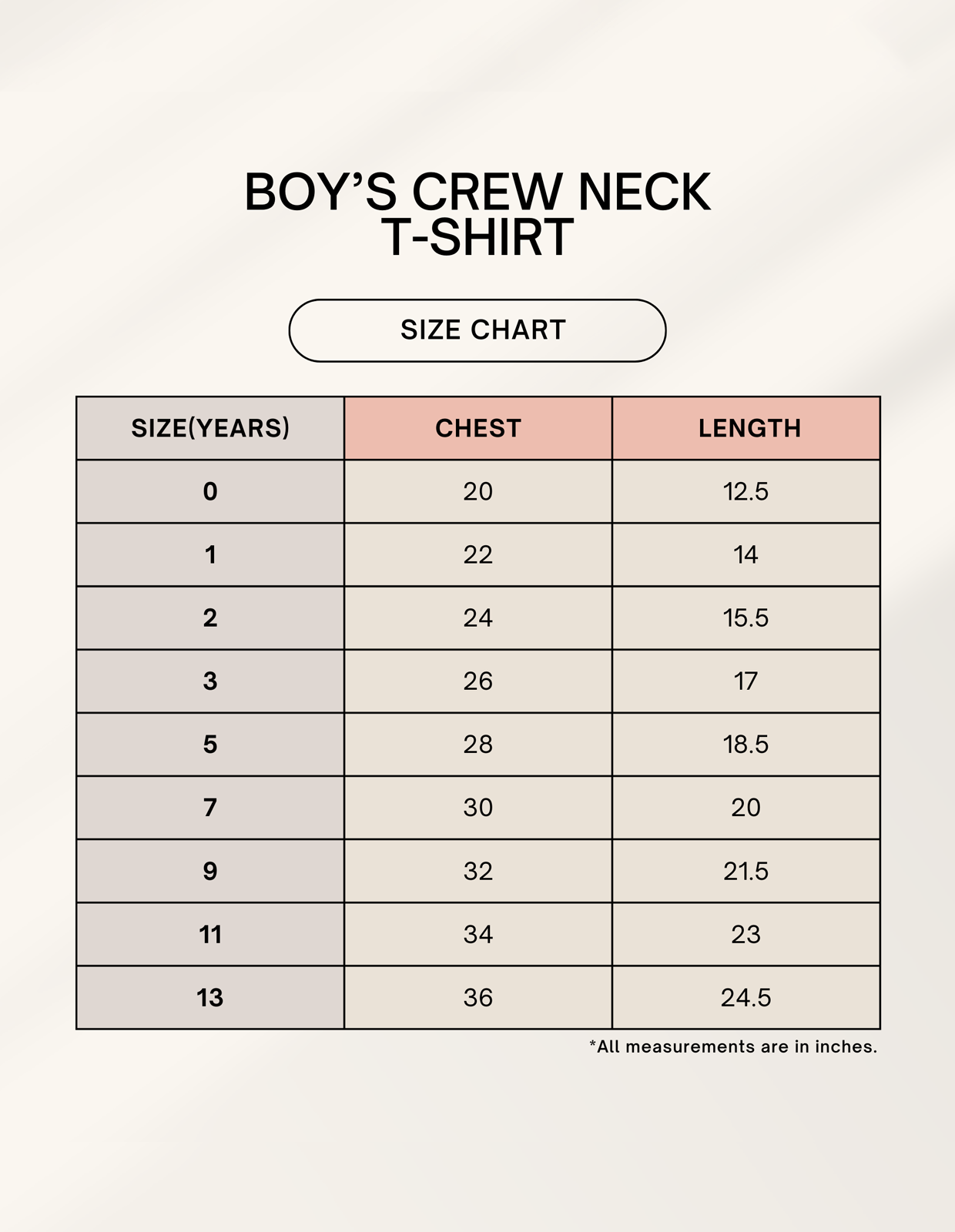 Classic Crew-Neck Boys T-Shirt -sizechart