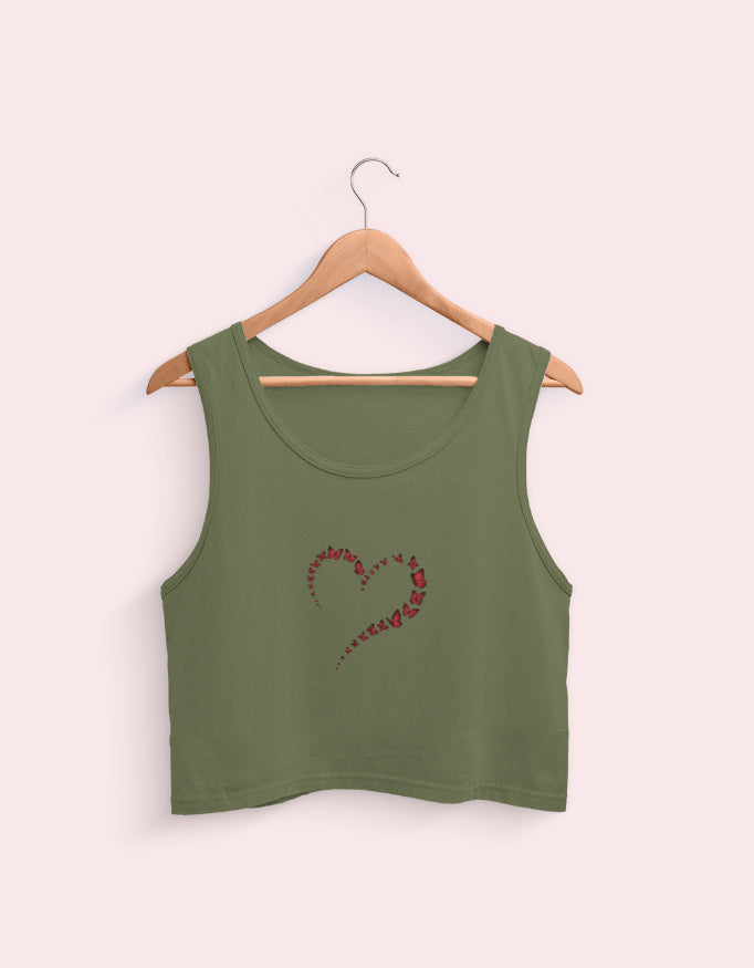 Live Heart Print Cotton Crop Tank_Olive_Green_Front