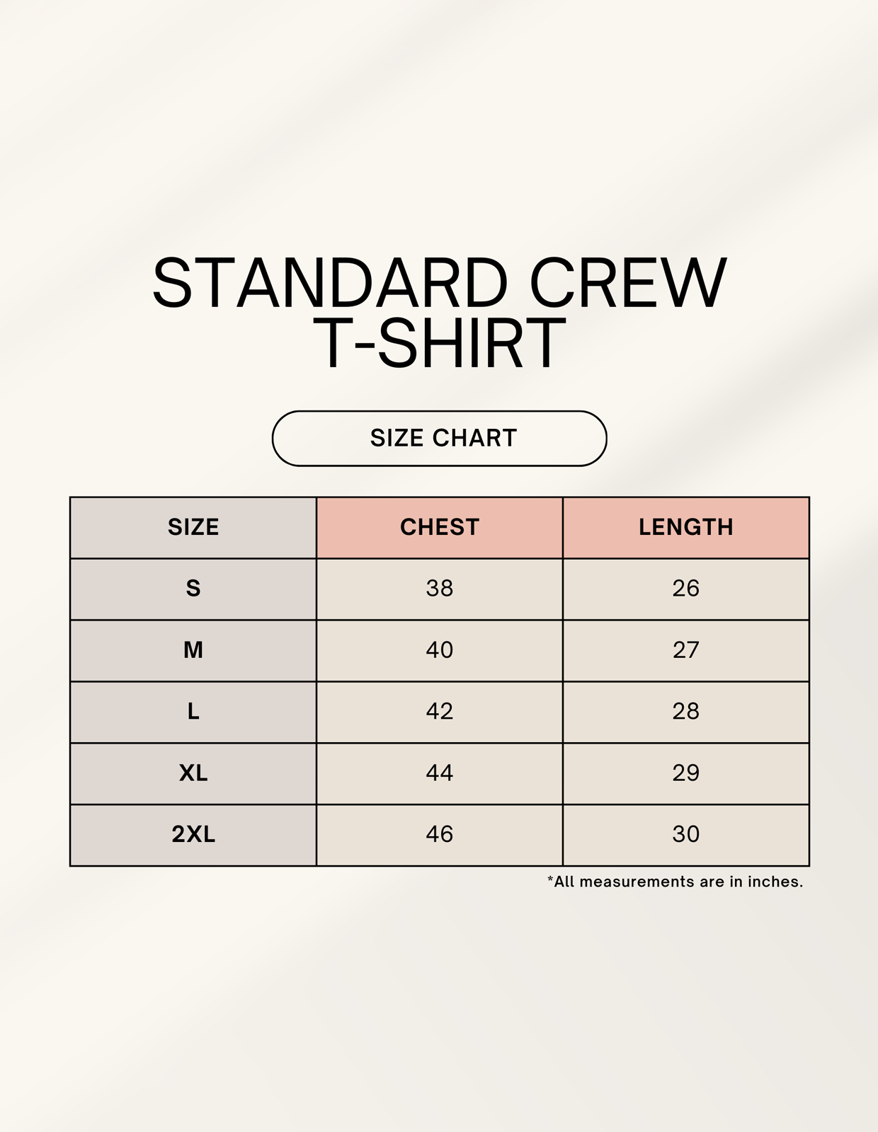 Unisex_Classic_Crew_T-Shirt_with_Travel_Vive_sizechart